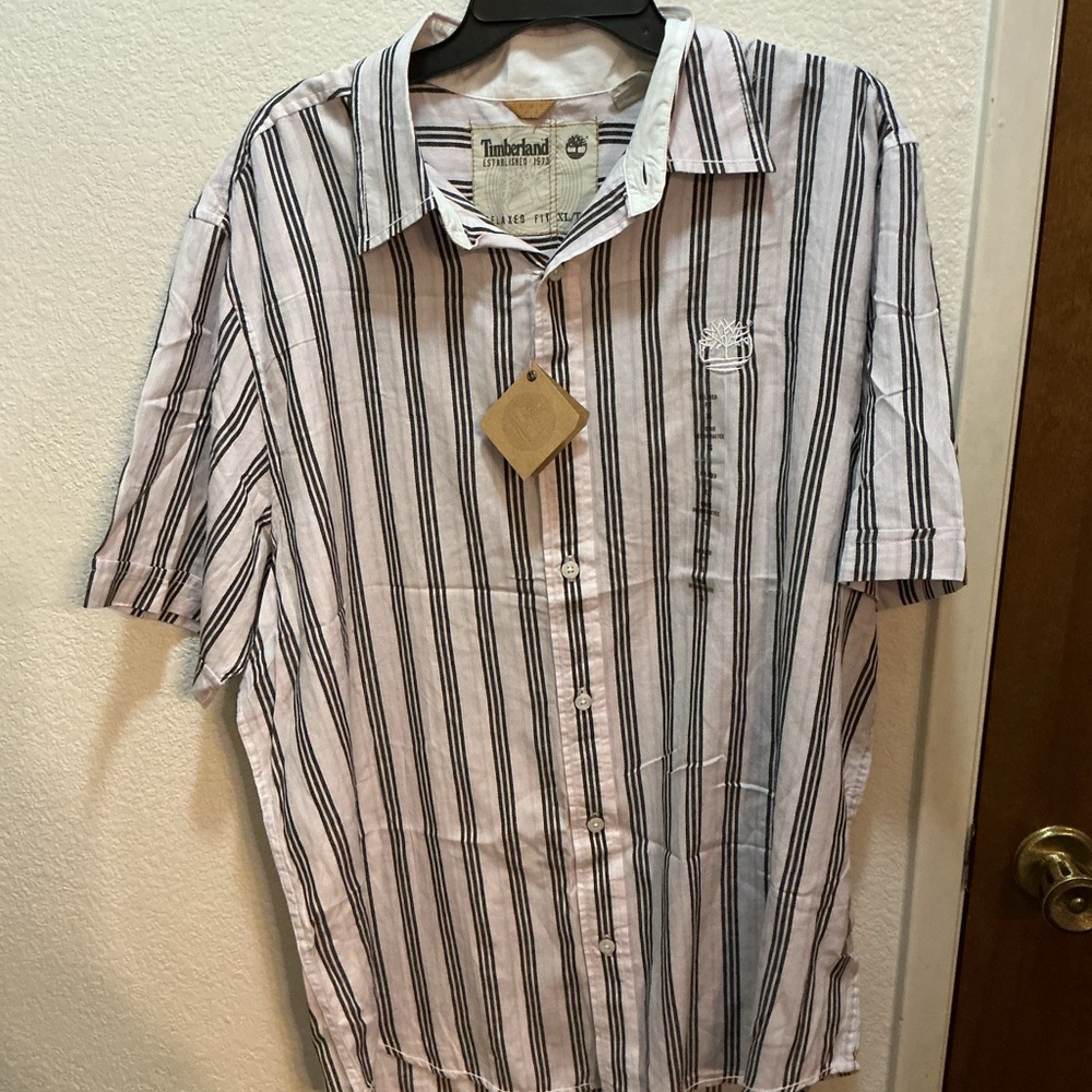 Timberland Men's Casual Black and White Striped Shirt #0024